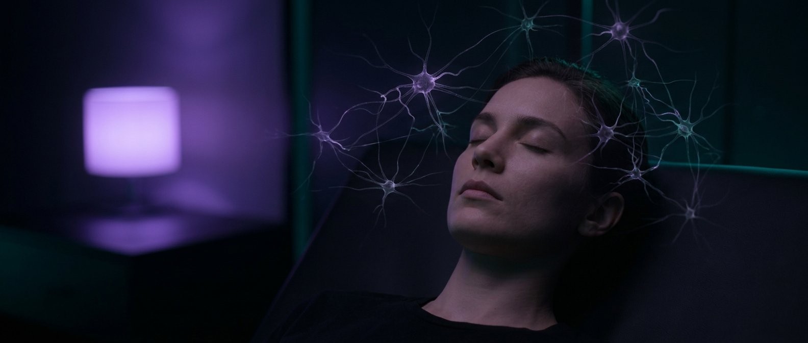 Persona en descanso profundo con red neuronal flotando — resultado del neuroentrenamiento