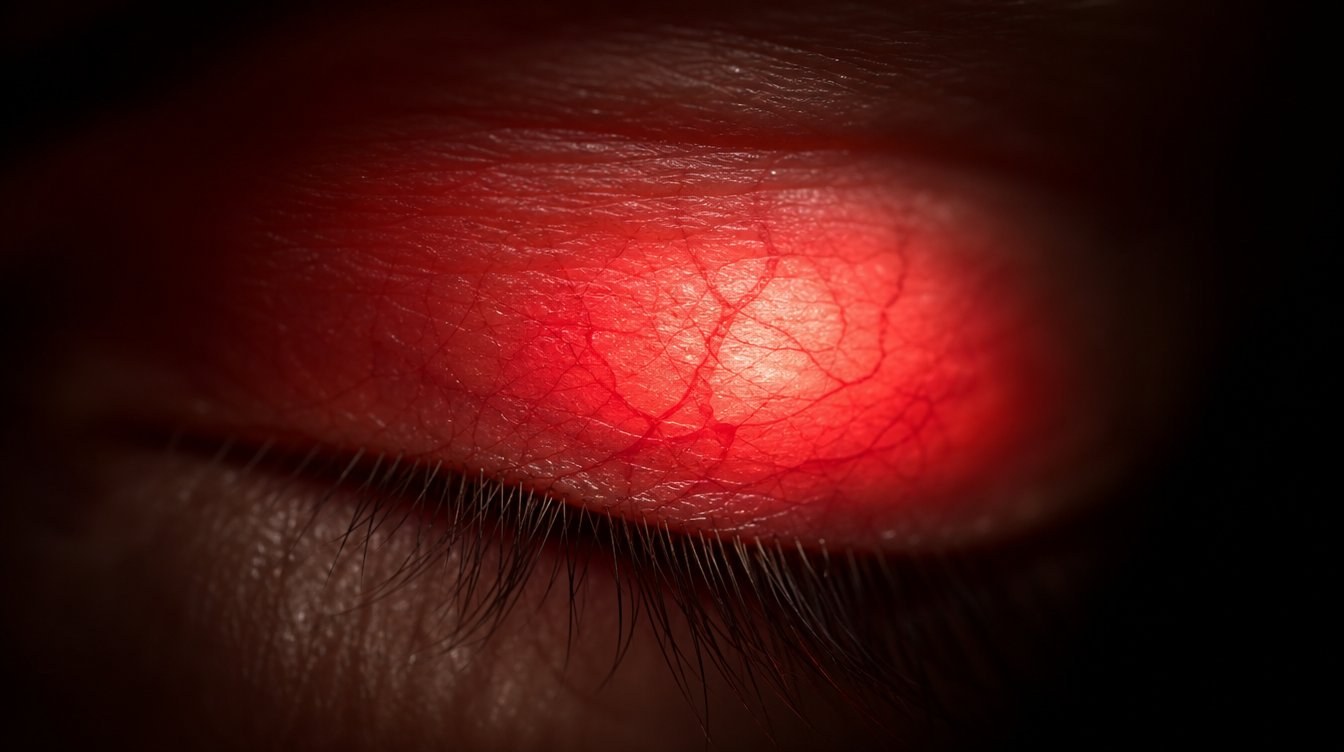 Macro fotografía de un párpado cerrado con luz roja penetrando el tejido, capilares visibles